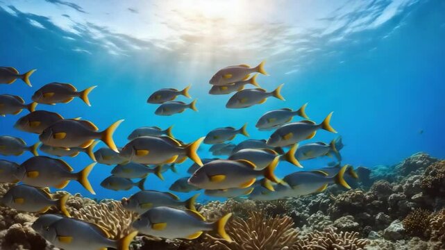 School of Yellowtail Snapper fish swimming underwater over coral reef in blue ocean, underwater life, nature.