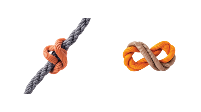 Two different rope knots showcasing various textures and colors in close-up view