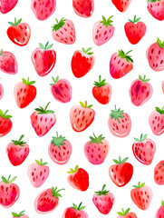 Watercolor Seamless Repeating pattern of vibrant strawberries with check and polka dots Background for Notebook Cover Textile Clothes Print.