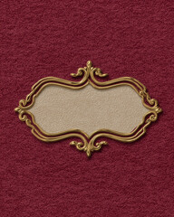 Ornate golden frame on burgundy surface, antique design for announcement or signage, with empty space in the center