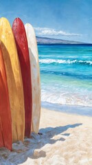 Oceanfront scene with red and yellow surfboards in soft light
