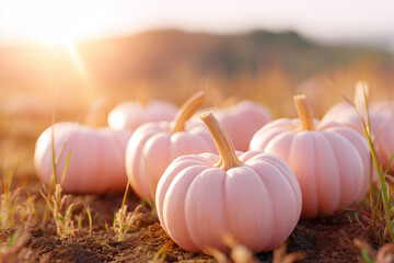Pink pumpkins in field under sunset, seasonal autumn harvest scene, fall time background