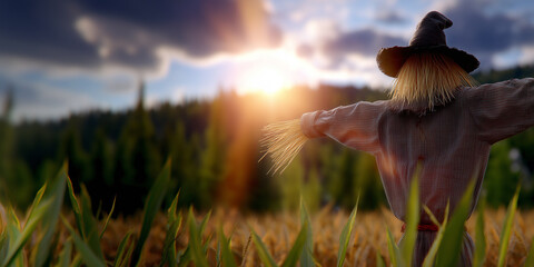 Scarecrow standing in golden wheat field, peaceful harvest time scene in countryside, warm summer light