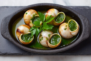 Escargots in Garlic Butter Sauce, culinary delight, gourmet French Cuisine, delicious meal