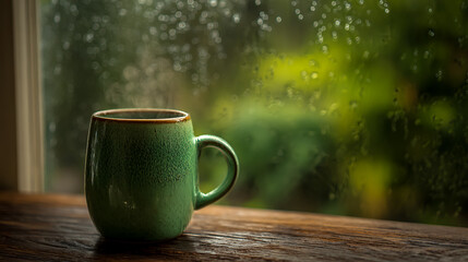 Green mug with steam on a wooden table by a rainy window