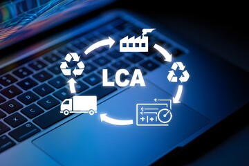 LCA, Life Cycle Assessment and Sustainability Concept. A digital interface displaying "LCA" surrounded by sustainability icons, recycling, transportation, production, and environmental conservation.