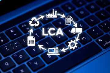 LCA, Life Cycle Assessment and Sustainability Concept. A digital interface displaying "LCA" surrounded by sustainability icons, recycling, transportation, production, and environmental conservation.