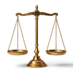 Antique Gold Scales of Justice with Ornate Details and Hanging Pans Balanced on a Central Column Isolated on White Background