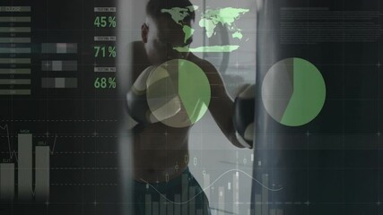 Fitness trainer starting boxing combo on bag from jabs to power punch while overlay tracking stats - Powered by Adobe