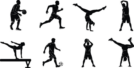 Seven Diverse Baseball Player Silhouettes: Batters Hitting, Runners, Catchers Squatting & Pitcher Throwing Dynamic Action Poses, Cutout Collection.