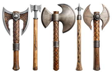  Set of unique axes, isolated on white background, PNG