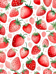 Watercolor Seamless Repeating pattern of vibrant strawberries with check and polka dots Background for Notebook Cover Textile Clothes Print.
