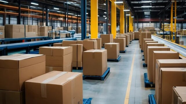 Boxes on conveyor belt in a bright warehouse for shipping and distribution, supply chain. Cardboard boxes in distribution warehouse for transport.