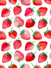 Watercolor Seamless Repeating pattern of vibrant strawberries with check and polka dots Background for Notebook Cover Textile Clothes Print.