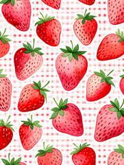 Watercolor Seamless Repeating pattern of vibrant strawberries with check and polka dots Background for Notebook Cover Textile Clothes Print.