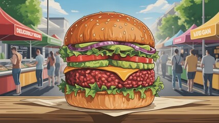 Vibrant and realistic illustration of a delicious vegan burger with colorful fresh ingredients &mdash; plant-based patty, lettuce, tomato, avocado, and sesame seed bun. Set in a lively street food market wi
