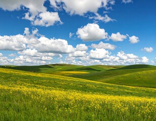 Fototapeta premium Rolling hills covered in wildflowers under a vibrant sky