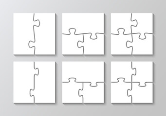 Puzzle pieces grids set cutting template. Jigsaw Scheme for thinking game. Simple mosaic background with separate details. Vector illustration.