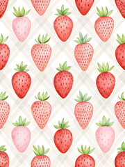 Watercolor Seamless Repeating pattern of vibrant strawberries with check and polka dots Background for Notebook Cover Textile Clothes Print.