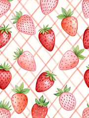 Watercolor Seamless Repeating pattern of vibrant strawberries with check and polka dots Background for Notebook Cover Textile Clothes Print.