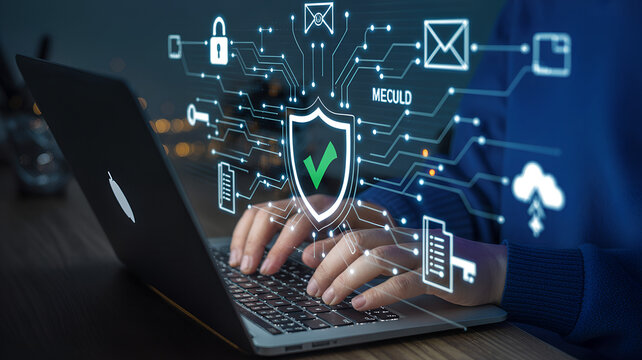 Digital Security and Data Protection Concept - Holographic Icons Over Laptop Keyboard,
cybersecurity and digital protection concept,Cyber attacks on networks,high-tech, digital safety,Ai