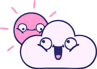cute cartoon of a sunshine and cloud in bright neon color