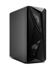 A sleek black gaming computer case with angular geometric front panel and mesh ventilation isolated...
