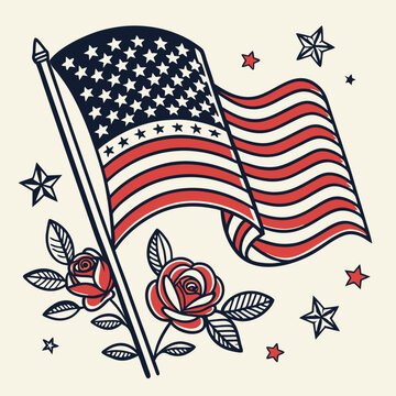 Vector art in American Traditional tattoo style featuring a waving U.S. flag with bold black outlines flat red white and blue tones optional decorative elements like roses or stars vintage classic