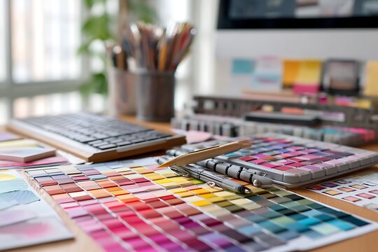 Designer s workspace with color palettes pens and a keyboard on a wooden desk