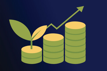 Stylized illustration of stacked gold coins with an upward trending arrow indicating financial growth and positive economic performance