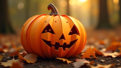 Close-up of an orange Halloween pumpkin made from velvet orange origami paper. Autumn forest background with leaves.