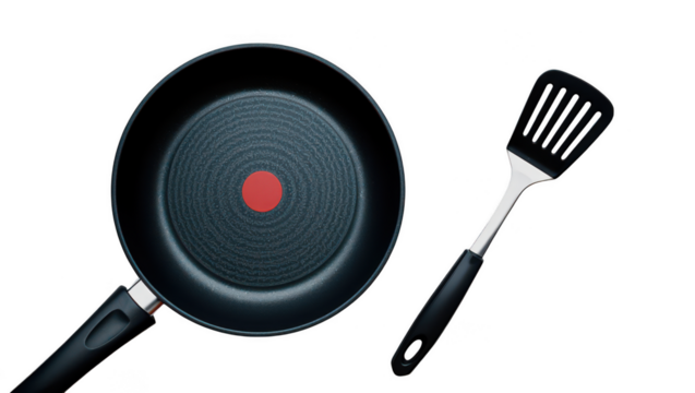 Frying pan with red indicator and slotted spatula on kitchen cooking