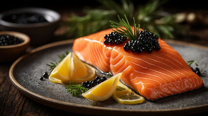 A beautifully presented plate featuring fresh salmon fillet, caviar, and lemon slices.
