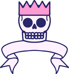 traditional tattoo with banner of a skull and crown in bright neon color