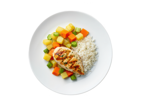 Grilled chicken breast with rice and diced vegetables on white plate image