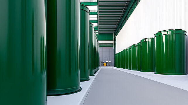 Row of green containers in a storage facility