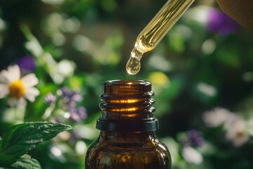 Amber Glass Bottle of Herbal Concentrate Surrounded by Medicinal Herbs for Natural Wellness