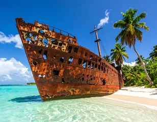 Vitrage gordijnen Rusty ship wreck on tropical beach (1) © Azzam