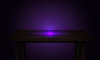 Dark, empty table illuminated by purple light