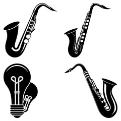 Naklejka premium Four black and white icons featuring three saxophones and two light bulbs on a white background space