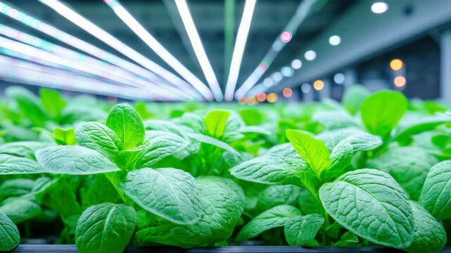Vibrant Growth of Fresh Green Plants Under LED Lights in Modern Indoor Farm for Hydroponics Enthusiasts