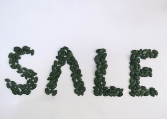 The word SALE is spelled out in bold letters using raw, pumpkin seeds against a stark white background.