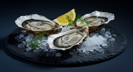 Three fresh oysters presented on a bed of ice with lemon and dill.