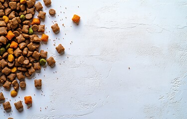 Pet food kibble spills onto a white surface