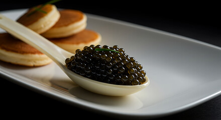 A close-up shot showcasing a spoonful of black caviar, served with small pancakes.
