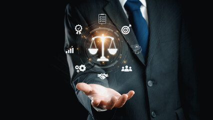 Futuristic digital law interface displaying justice scale, highlighting digital law, AI compliance,...