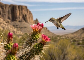 Hummingbird flying near blooming cactus flower