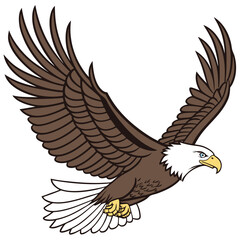 Obraz premium Vector illustration of a bald eagle soaring with wings fully spread detailed feathers and sharp talons bold outlines with natural color tones white head brown body and yellow beak dynamic pose