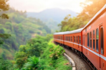 Obraz premium Scenic Train Journey Through Lush Green Landscape: A captivating shot of a train winding its way through a breathtaking landscape.