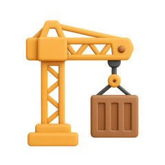 Stylized Tower Crane Lifting Cargo Container in 3D Render Illustration Against Transparent Backdrop